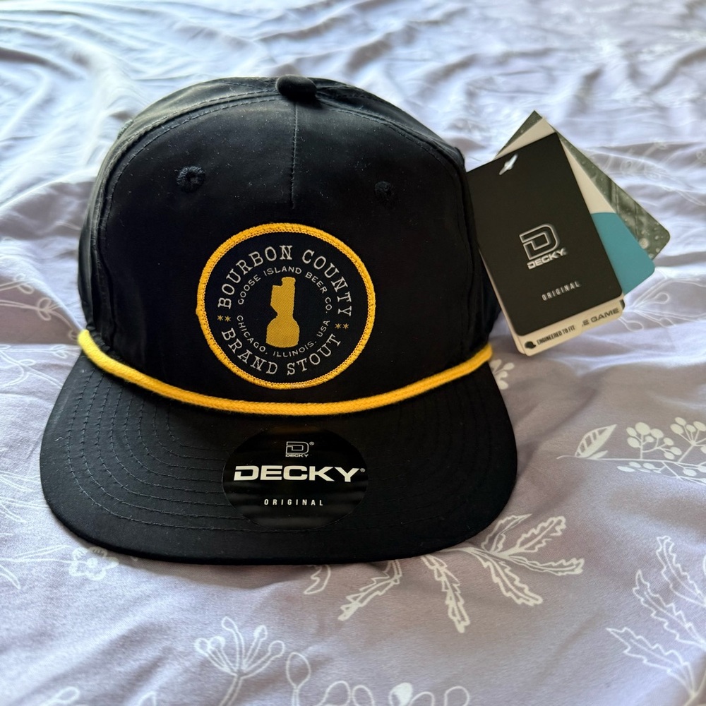 Decky Black Hat with Gold Goose Island Bourbon County Patch